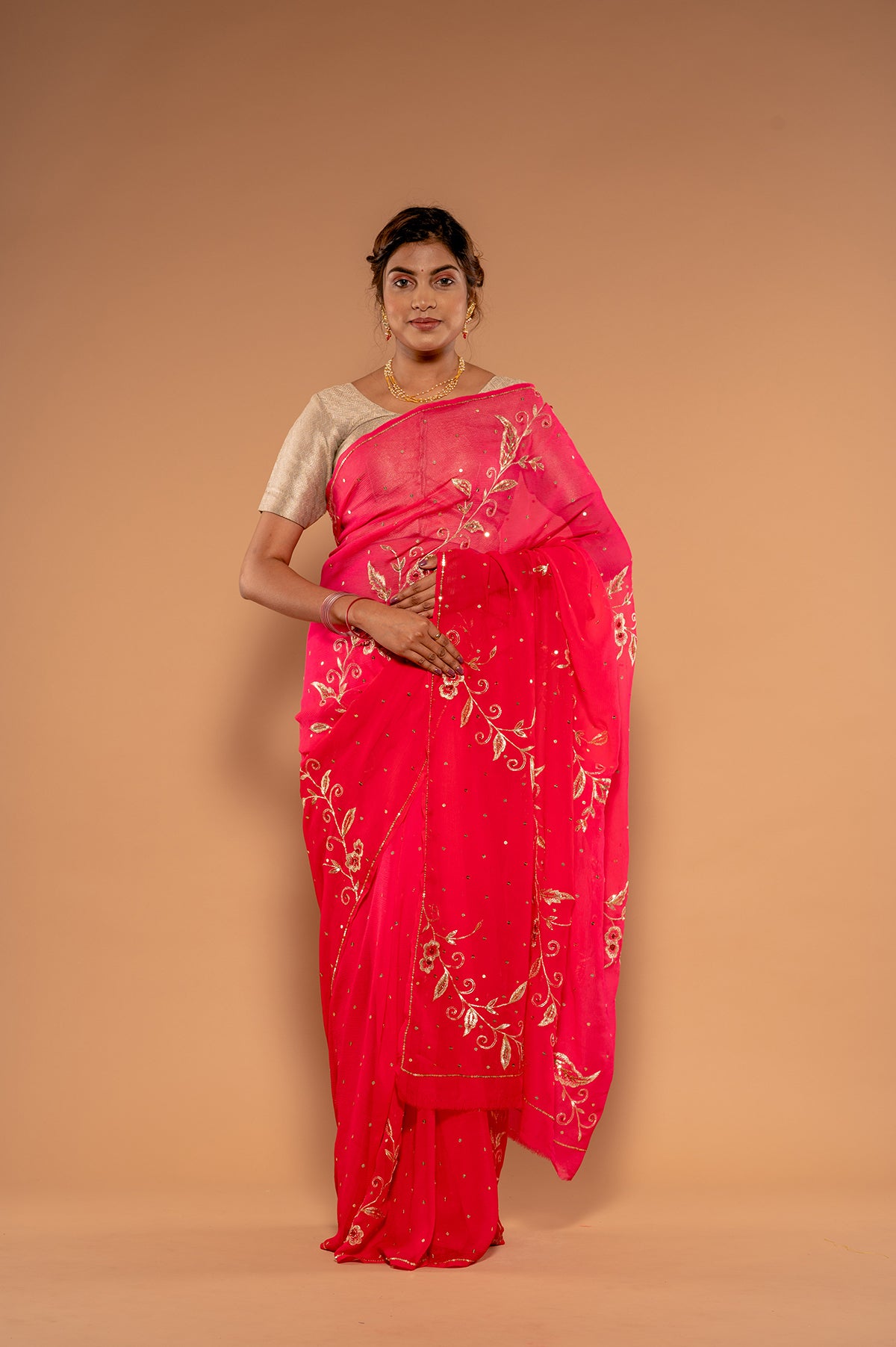 Gajri Pure Chiffon Aari sequins  Chaadi handwork Saree