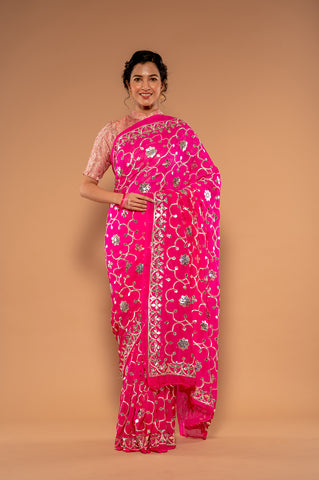 Gota Patti Hot Pink Pure Platinum Chiffon Saree