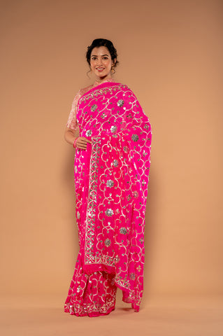 Gota Patti Hot Pink Pure Platinum Chiffon Saree