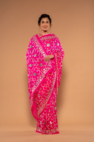 Gota Patti Hot Pink Pure Platinum Chiffon Saree