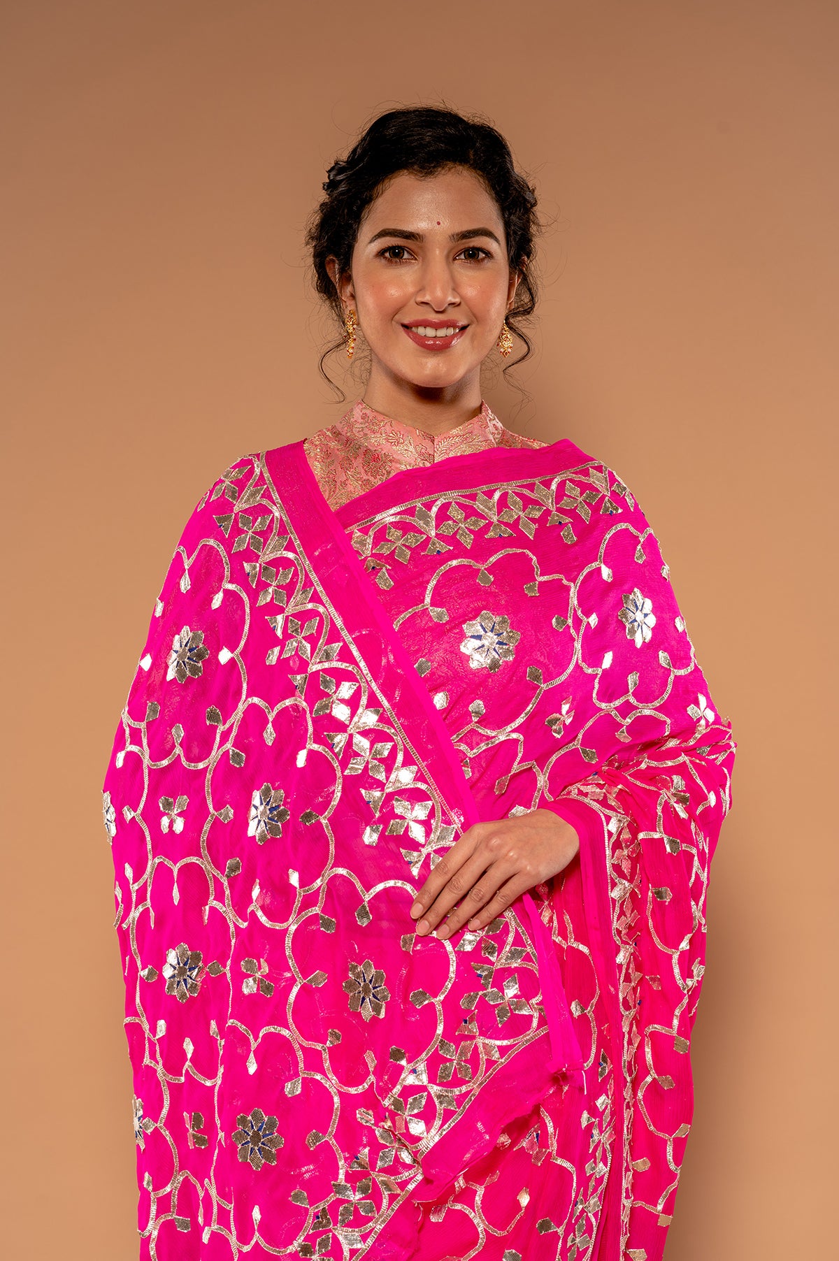 Gota Patti Hot Pink Pure Platinum Chiffon Saree