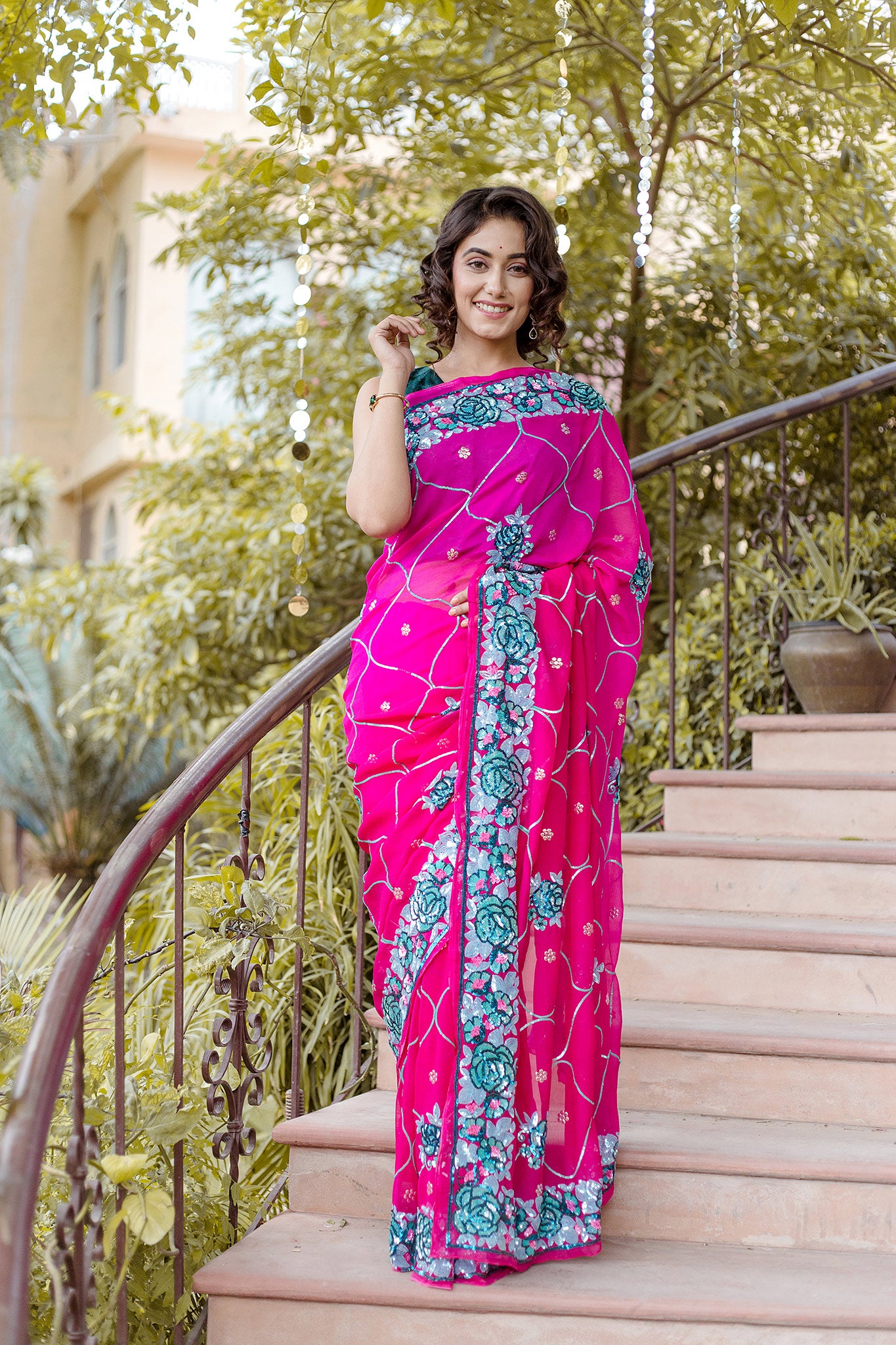 Rani Pure Chiffon sequins  border butti jaal handwork saree