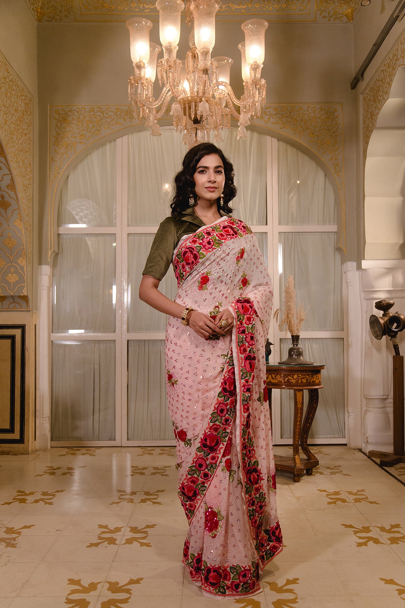 Pink Pure Chiffon Resham sequins  border butti handwork saree