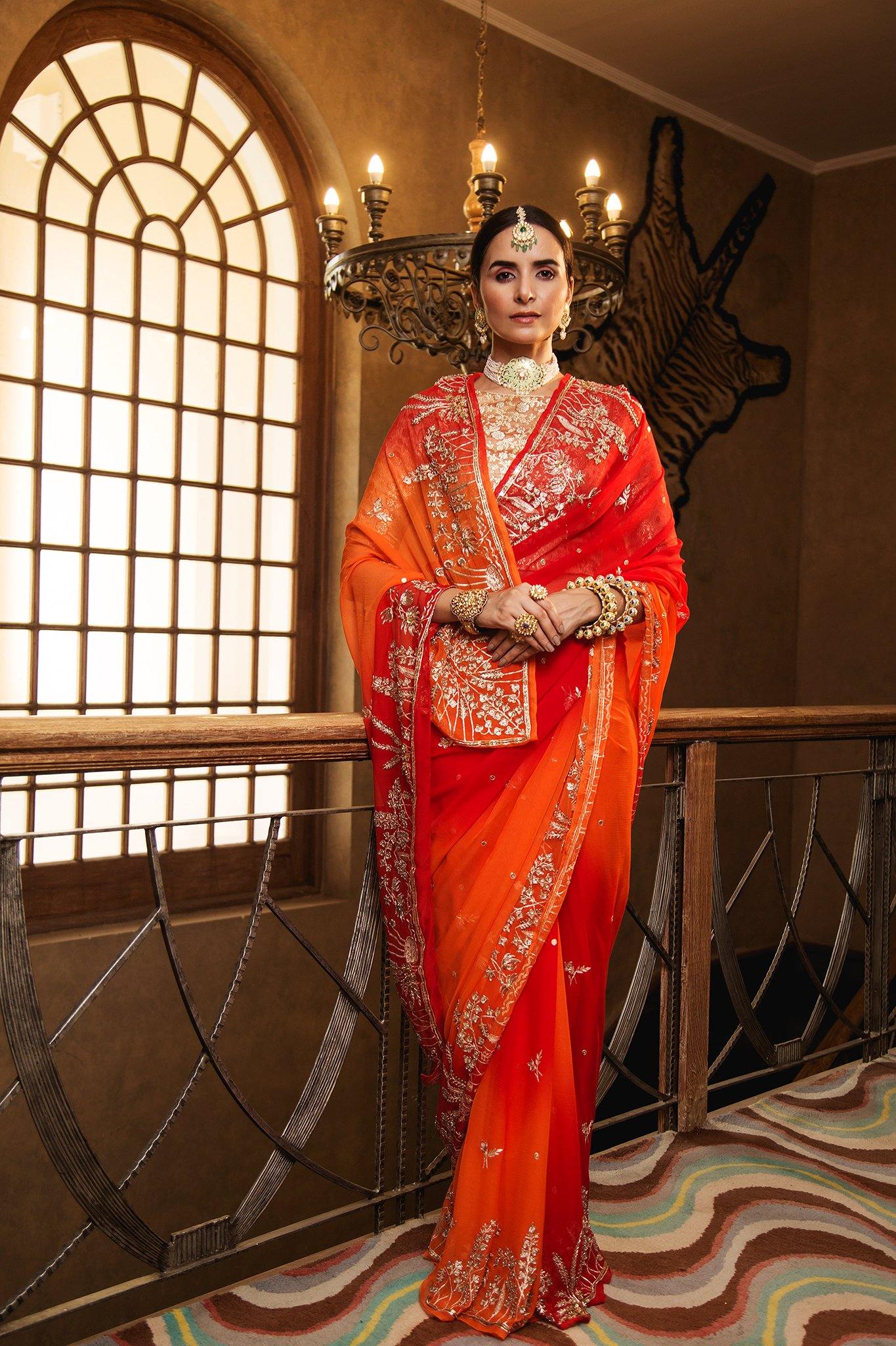Aari Zardosi Red & Orange Saree - Yuvti