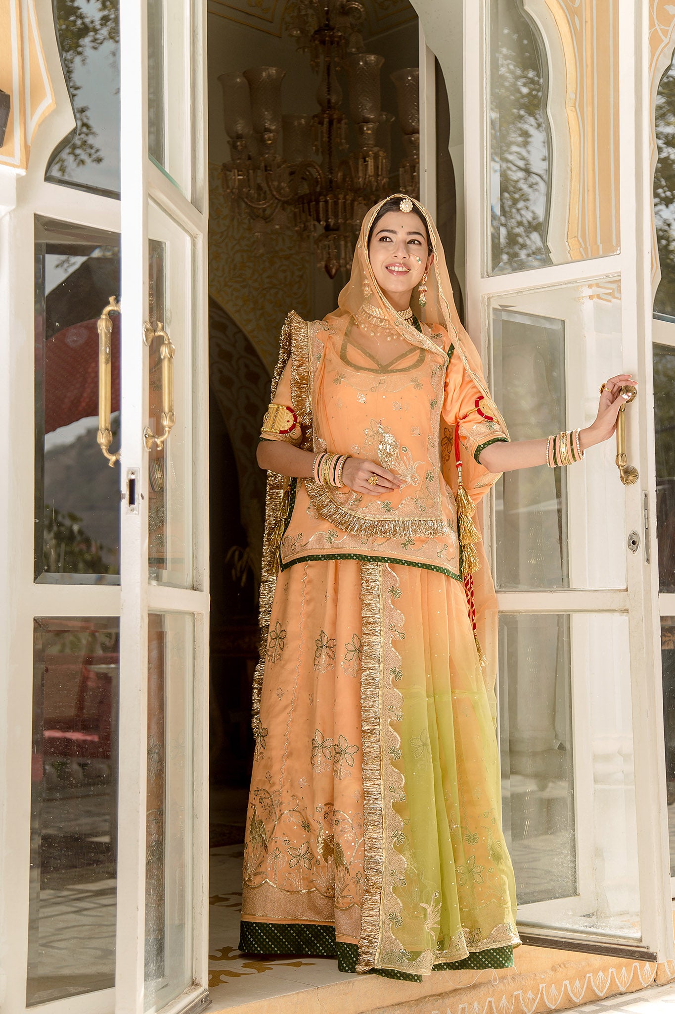 peach bamber satin aari sequins zardozi  handwork poshak with pure odhna