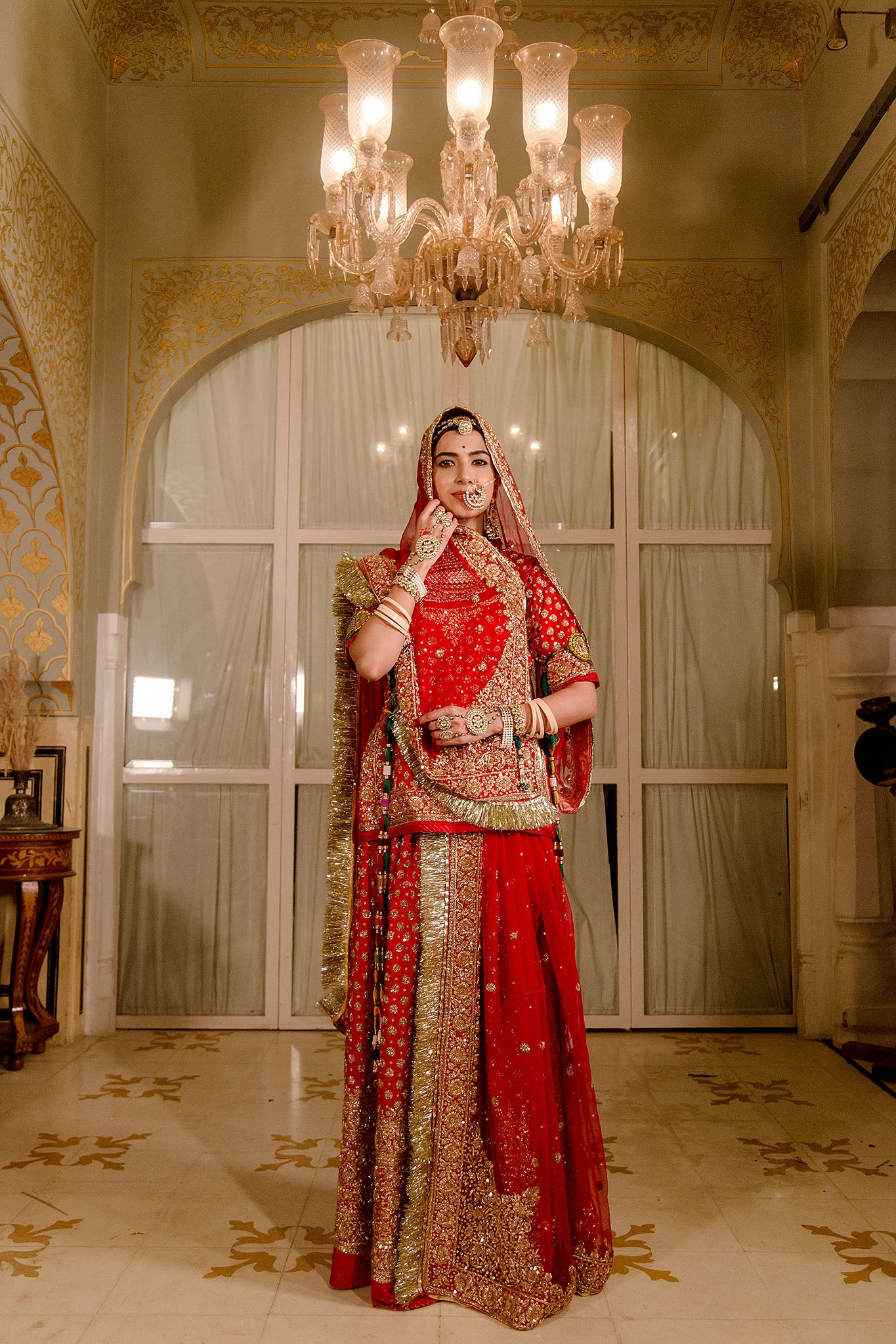 Red pure silk Satin zardozi border butti handwork Poshak with pure odhna